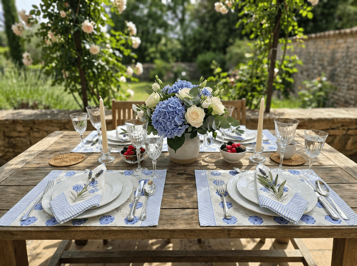Blue Flower & Stripe Table Mat and Napkin Set