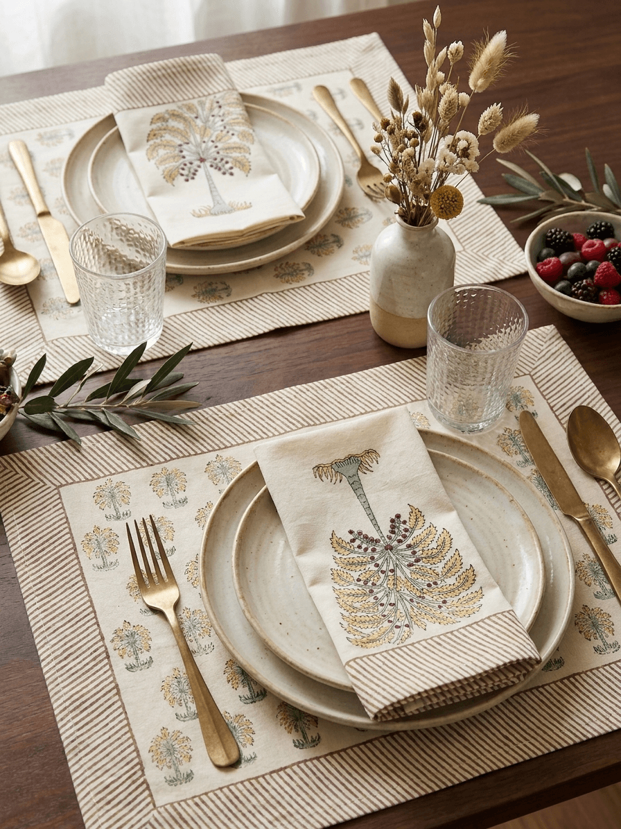 Brown & Yellow Floral Table Mat and Napkin Set