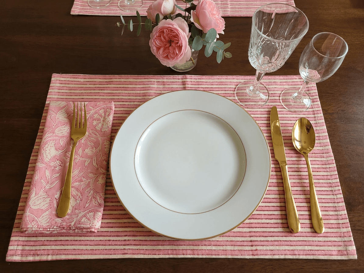 Pink Stripe Table Mat and Napkin Set