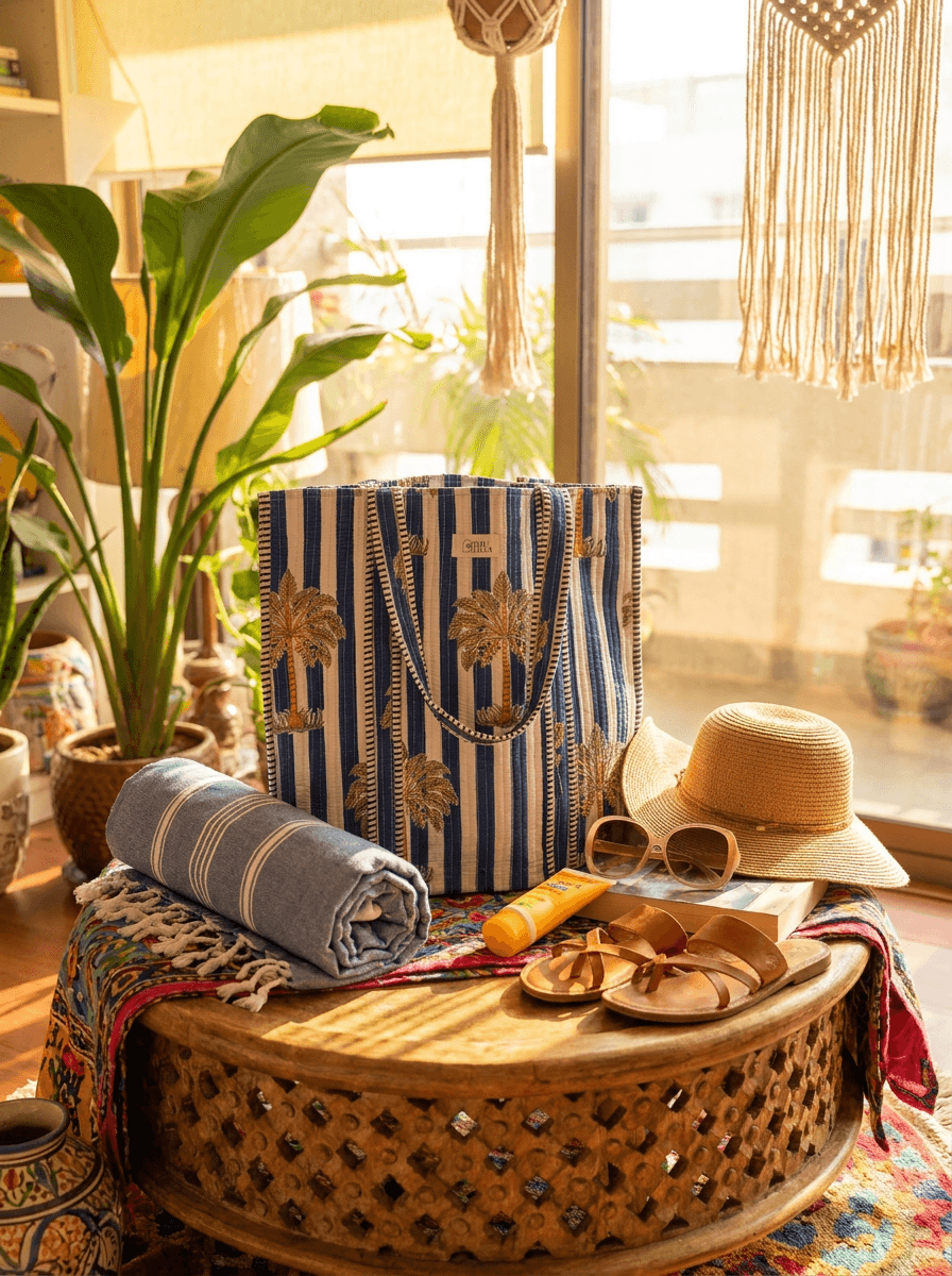 White & Blue Palm Trees Large Tote Bag
