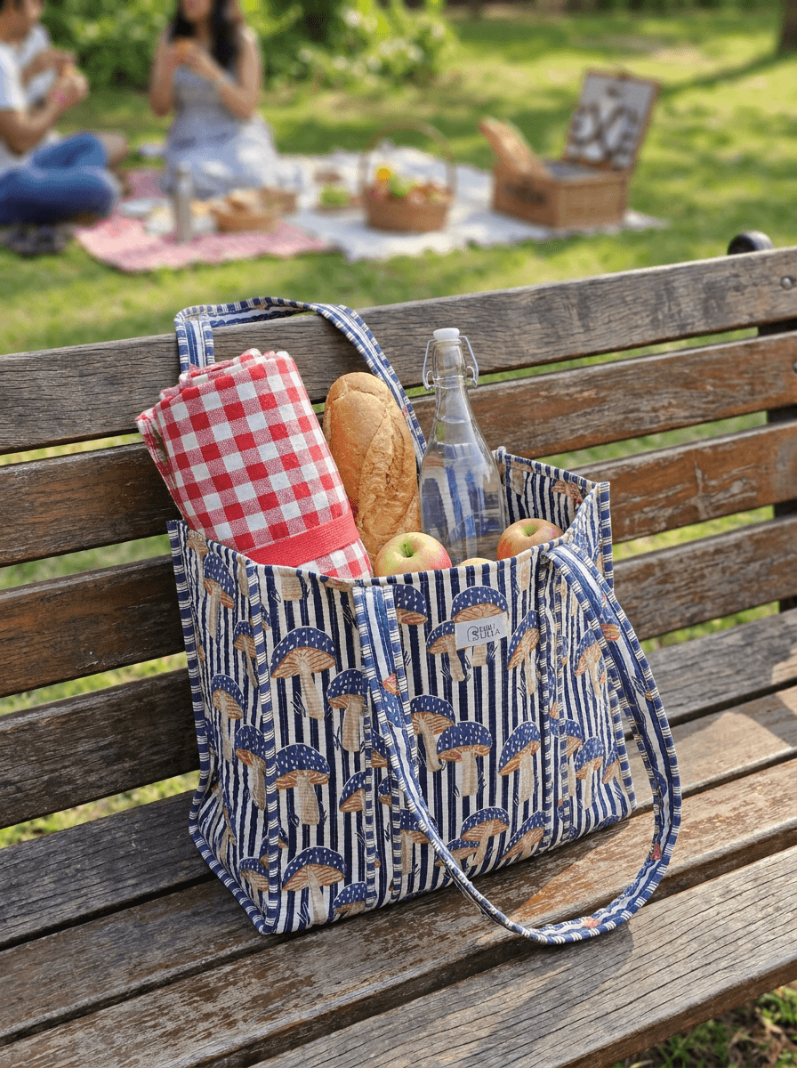 Blue Stripe & Mushroom Large Tote Bag