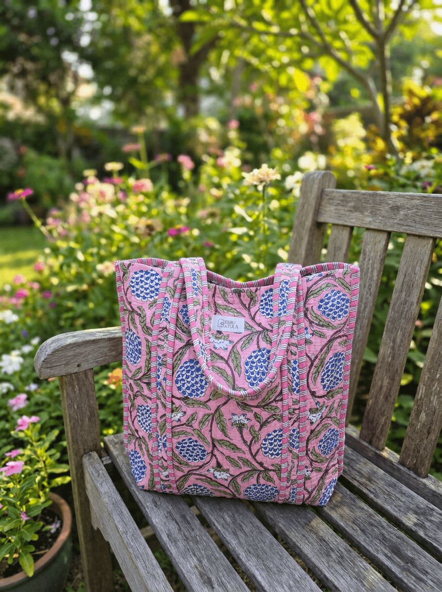 Light Pink & Blue Flowers Large Tote Bag