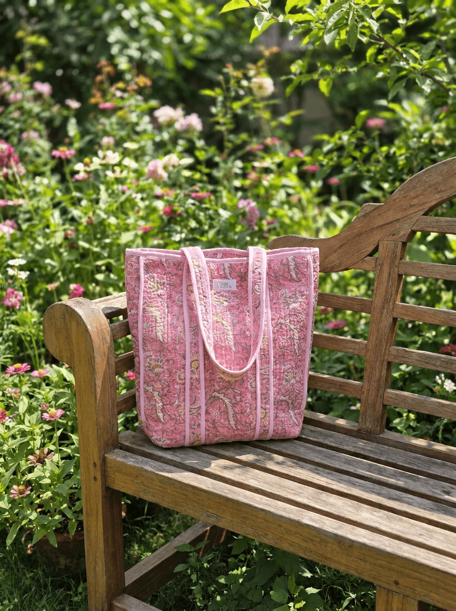 White, Pink & Green Flowers Large Tote Bag