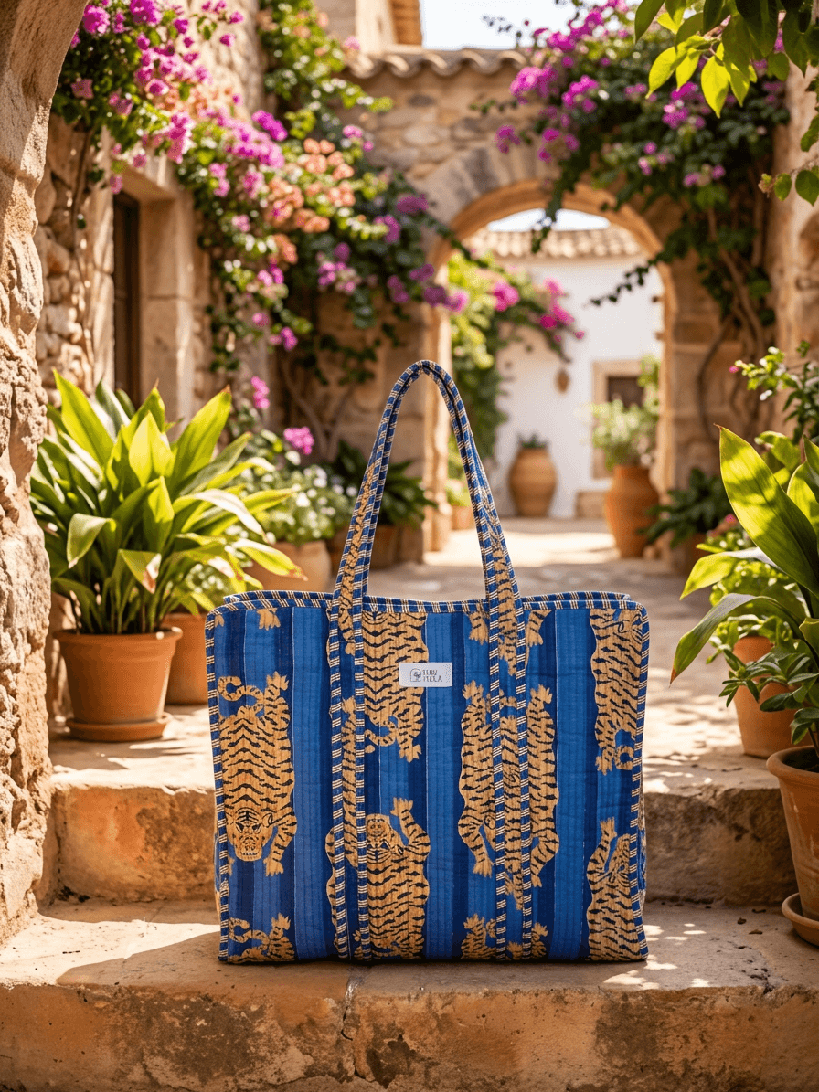 Blue Tiger Print Zip Tote Bag