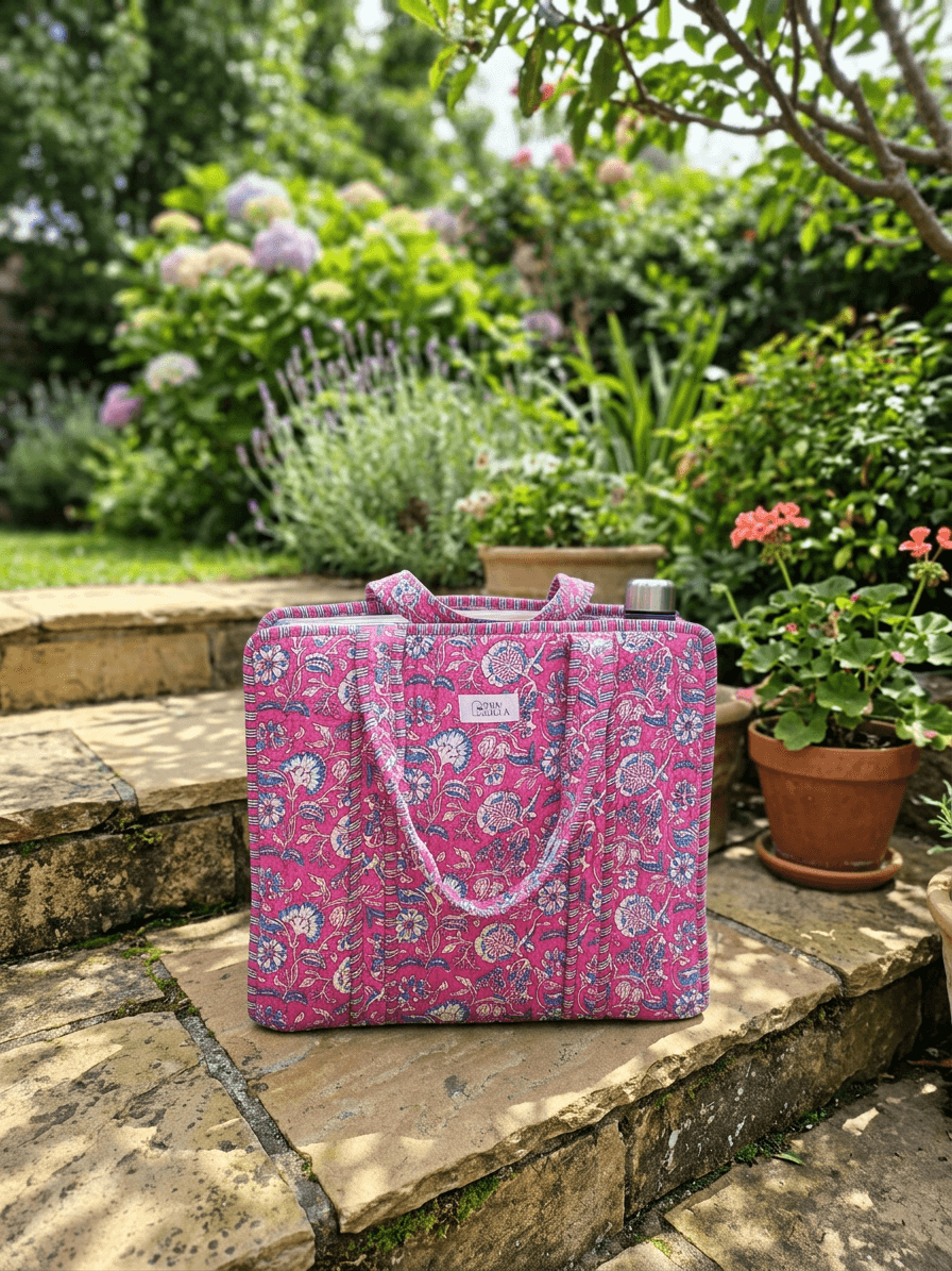 Pink, Blue & White Flowers Zip Tote Bag