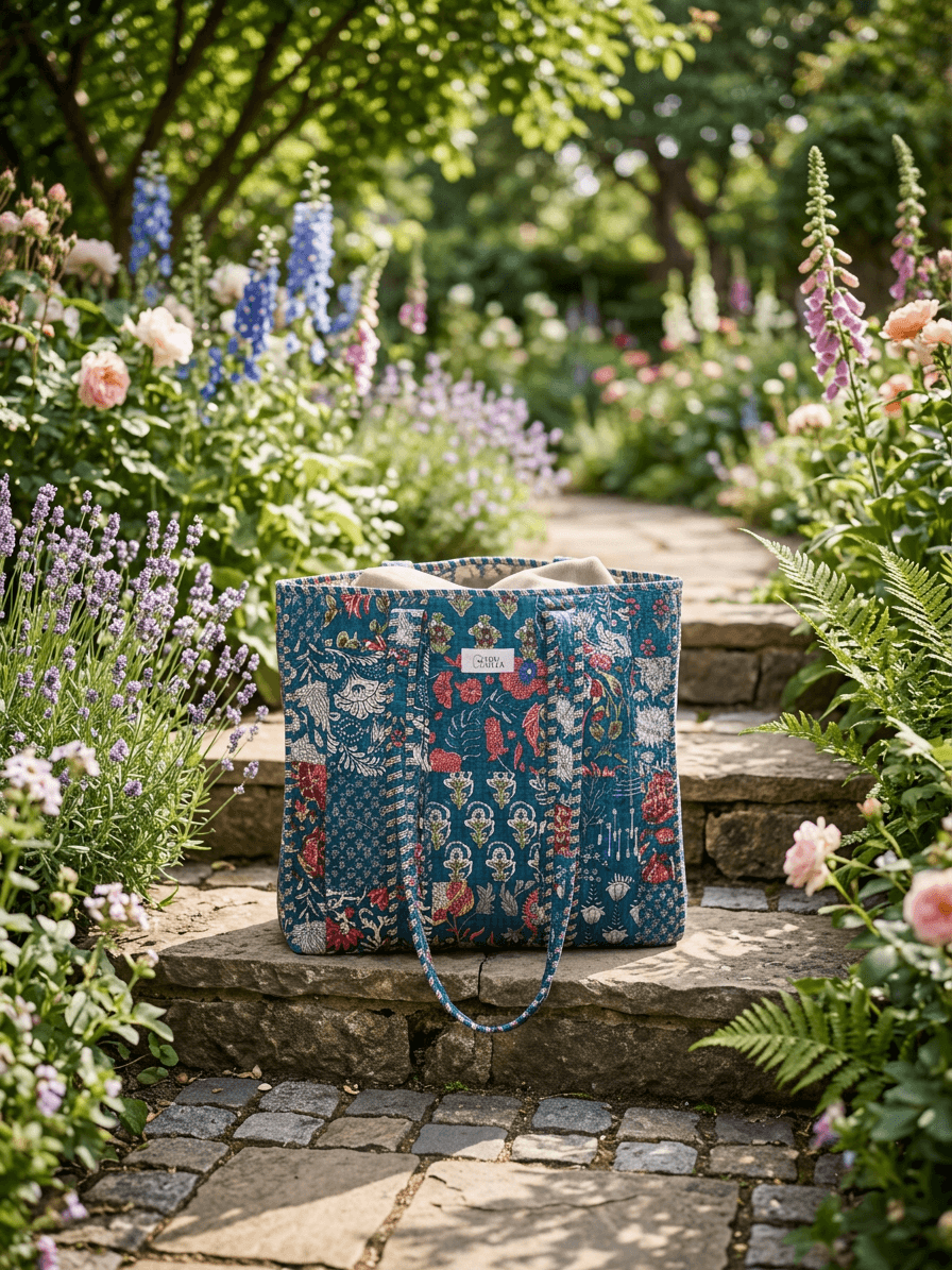 Blue & Orange Garden Bloom Zip Tote Bag