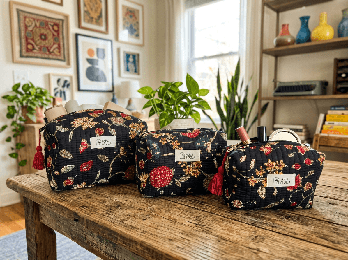 Black & Red Flowers Pouch Set