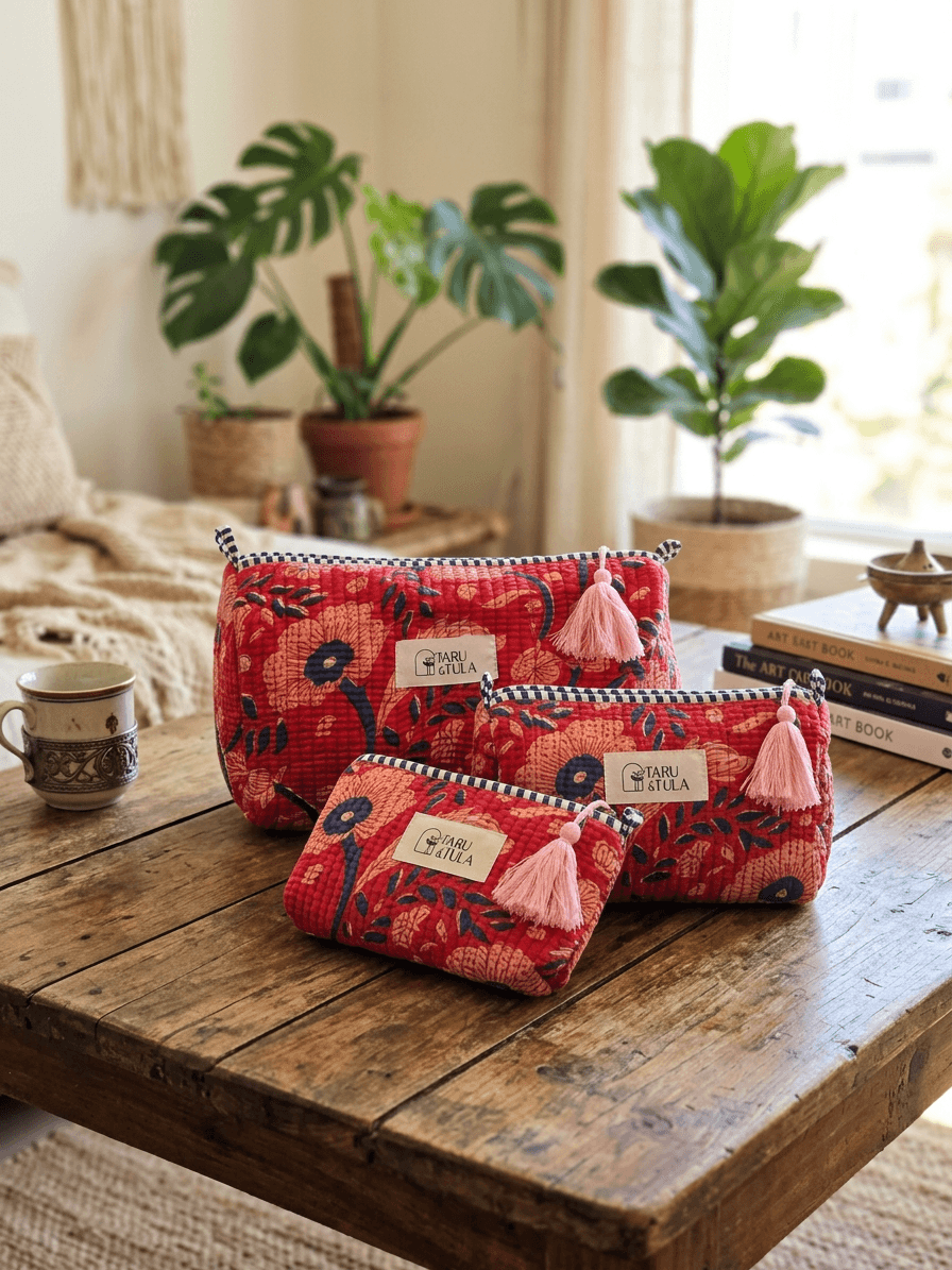 Red & Pink Flowers Pouch Set