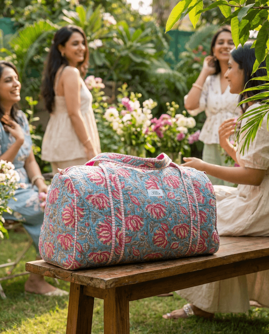 Sky Blue & Pink Flowers Duffel Bag