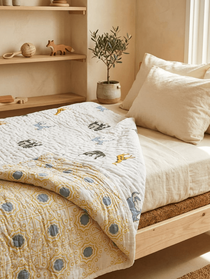 Yellow & White Animal Print Kids Single Quilt